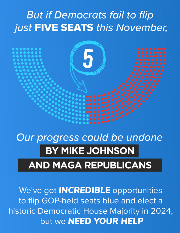 But if Democrats fail to flip just FIVE SEATS this November, OUR PROGRESS COULD BE UNDONE BY MIKE JOHNSON AND MAGA HOUSE REPUBLICANS.   We've got INCREDIBLE opportunities to flip GOP-held seats blue and elect a historic Democratic House Majority in 2024, but we need YOUR HELP.