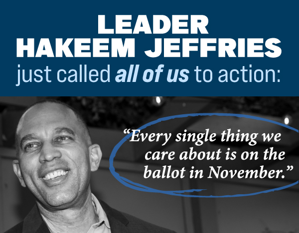 Leader Hakeem Jeffries just called all of us to action:  Photo of Hakeem Jeffries   Quote: “Every single thing we care about is on the ballot in November.”