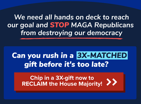 We need all hands on deck to reach our goal and stop MAGA republicans from destroying our democracy. can you rush in a 3X-MATCHED gift before it's too late? Chip in a 3X-gift now to RECLAIM the House Majority!