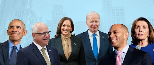 Photo of Barack Obama, Tim Walz, Kamala Harris, Joe Biden, Hakeem Jeffries, and Nancy Pelosi