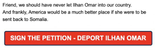 Screengrab from Rep. Gill's email including a call to sign the petition to deport Rep. Omar
