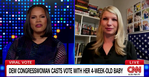 Screengrab of Rep. Pettersen on CNN | "Dem Congresswoman casts vote with her 4 week old baby"