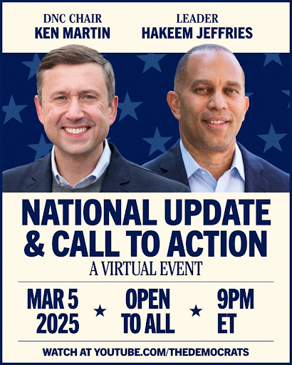 Flyer of upcoming event featuring DNC Chair Ken Martin and Democratic Leader Hakeem Jeffries